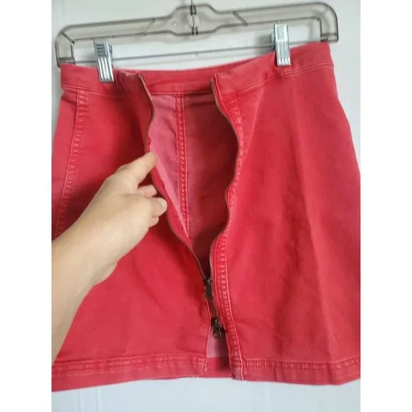 Free People Denim Mini Skirt Full zip Women waist 26" Red - Picture 6 of 8